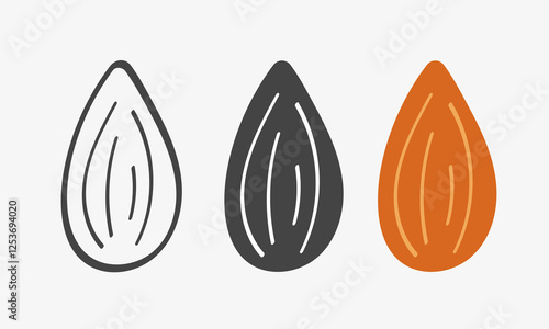 Set of almond nuts. Sketch, black silhouetet and flat icon almond