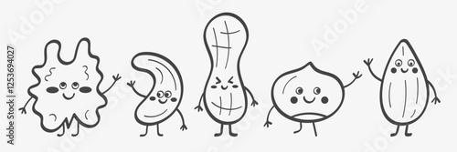 Sketch of cartoon smiling nuts. Funny characters. Organic healthy products for snack