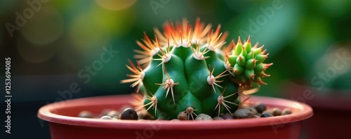 Prickly cactus with tiny striped succulent offshoot in red pot, , foliage