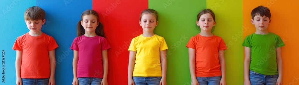 Children in a row against colorful background. Kids posing Children in a row against colorful background. Kids posing
