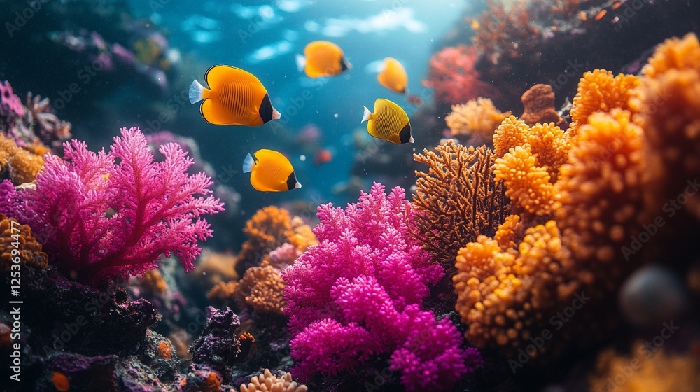 Obraz premium Vibrant underwater coral reef teeming with colorful fish in sunlit ocean depths