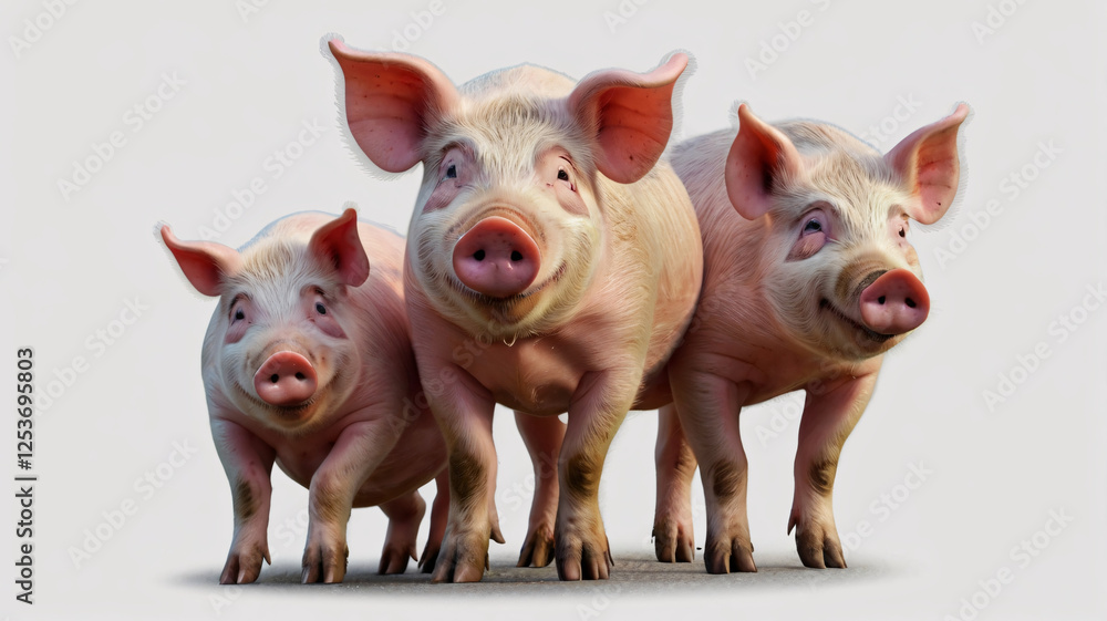 Three pink pigs with large ears stand closely together against a plain background.