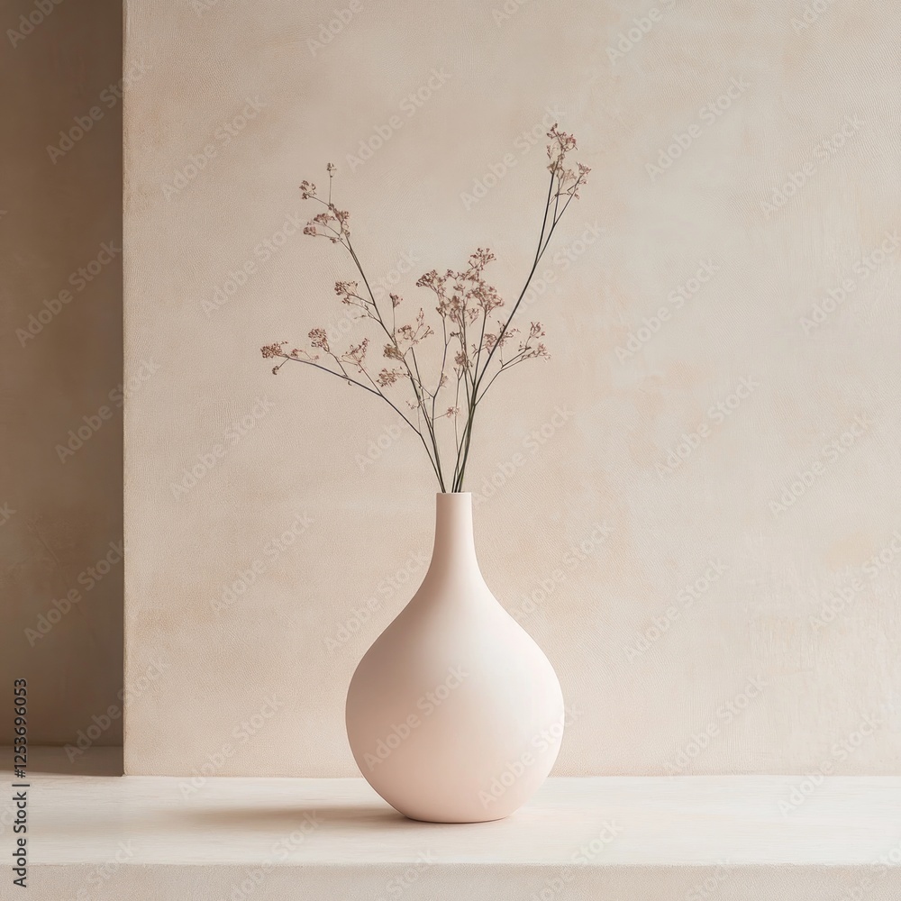 A minimalist vase in matte pastel pink, with a slender neck and rounded base, showcasing clean, flowing lines on a light ivory backdrop A minimalist vase in matte pastel pink, with a slender neck and rounded base, showcasing clean, flowing lines on a light ivory backdrop