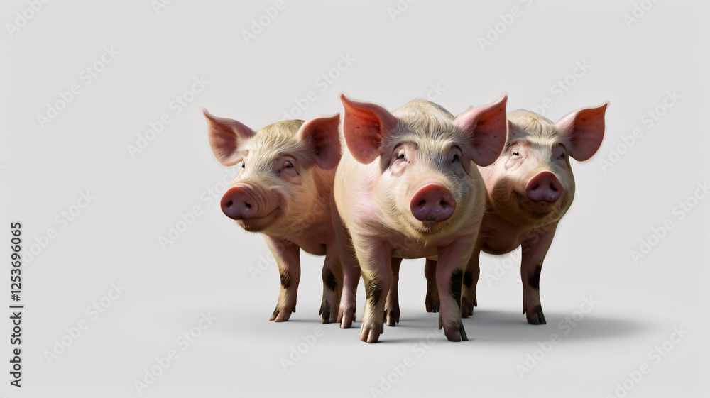 Three pink pigs with large ears stand close together against a plain background. Three pink pigs with large ears stand close together against a plain background.