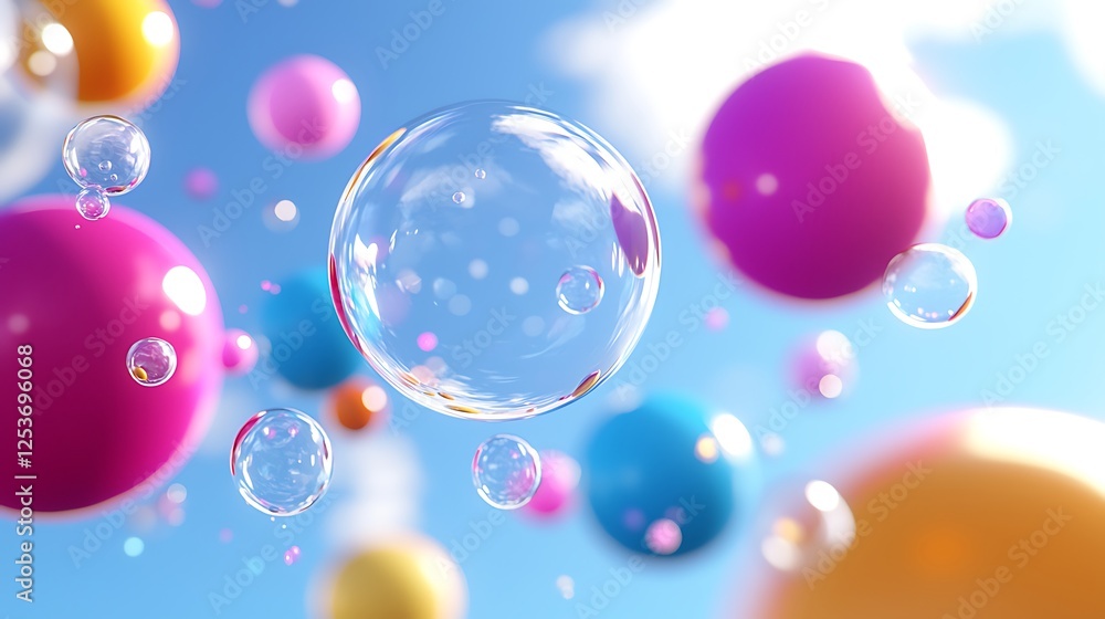 Colorful Floating Bubbles Against A Light Sky Colorful Floating Bubbles Against A Light Sky