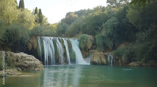 Waterfall cascading into a serene pool, lush forest backdrop. Possible stock photo use