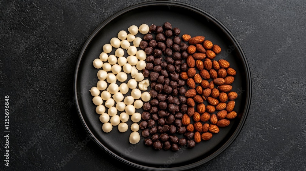 Plate with white chocolate, dark and almonds, representing contrast variety Plate with white chocolate, dark and almonds, representing contrast variety