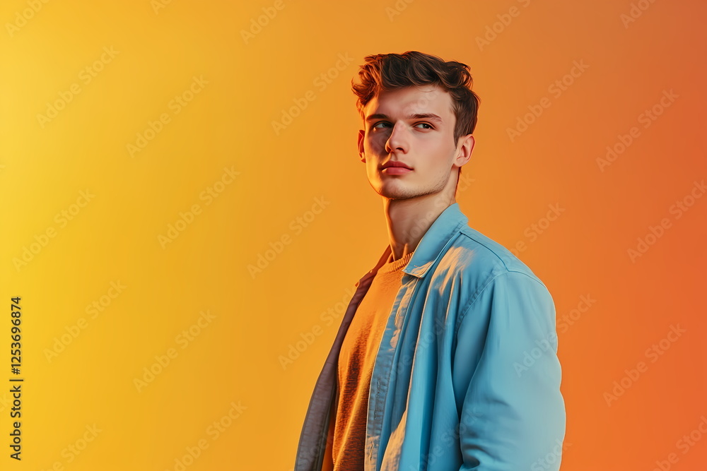Obraz premium Young man posing with light blue overshirt on orange background