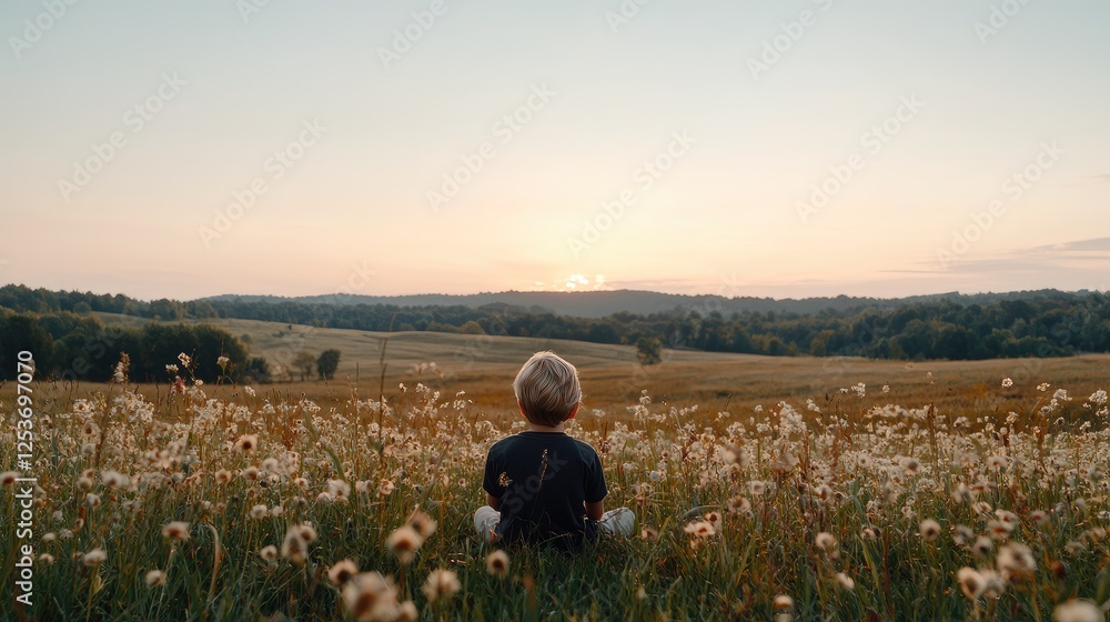 Fototapeta premium Child meditating in meadow at sunset