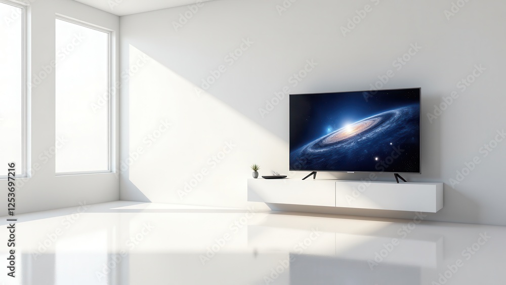 Fototapeta premium 3D TV Screen with Remote, Spacious room 3D TV space theme remote on console photorealistic.