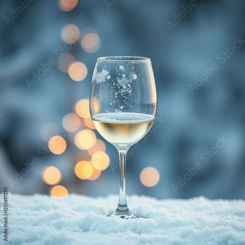Snow-covered elegant white wine glass against the backdrop, calm, white wine glass, peaceful