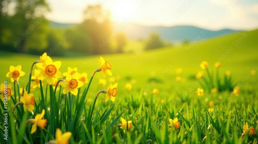 Obraz premium Golden daffodils in a sunlit meadow, vibrant yellow blossoms against a backdrop of rolling green hills, bathed in the warm glow of the setting sun, a picturesque scene of springtime beauty