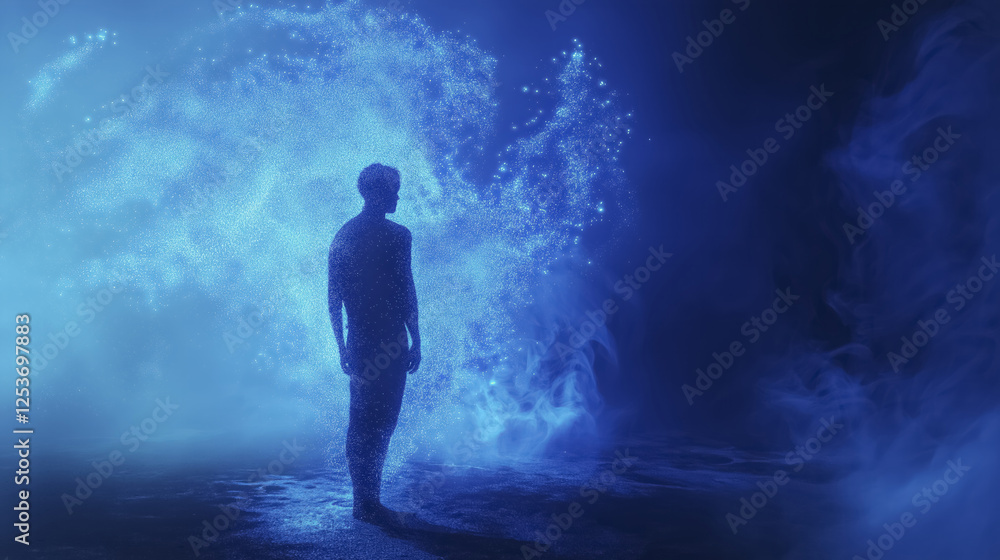 silhouette of person stands in mystical blue environment, surrounded by swirling particles and ethereal light, creating sense of wonder and exploration silhouette of person stands in mystical blue environment, surrounded by swirling particles and ethereal light, creating sense of wonder and exploration