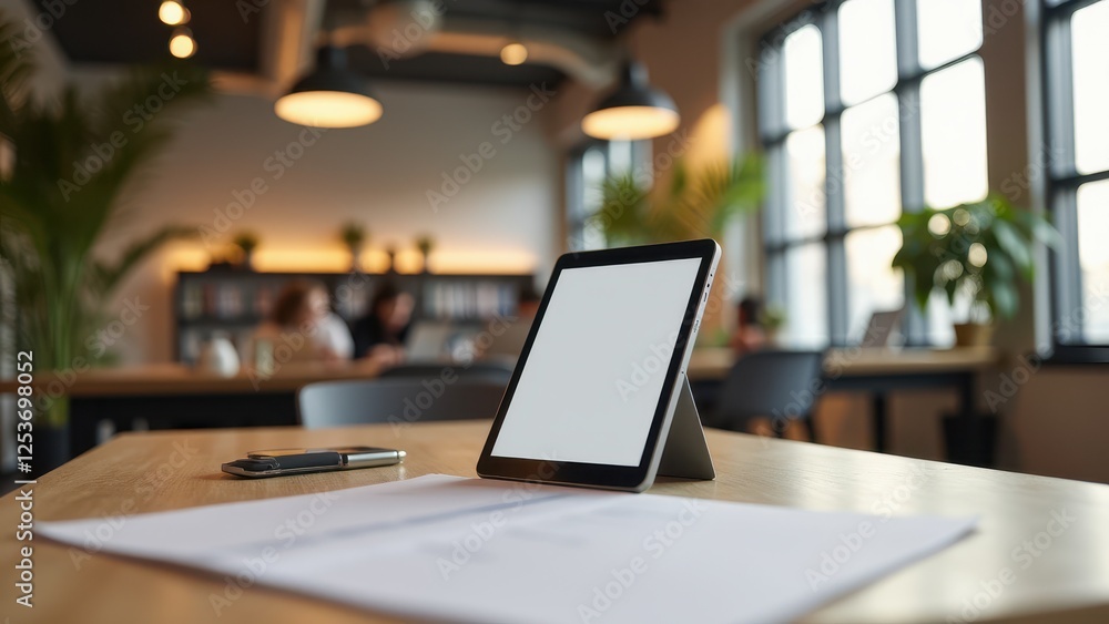 A4 Paper Mockup on Desk, Chic co-working desk with A4 paper mockup tablet photorealistic. A4 Paper Mockup on Desk, Chic co-working desk with A4 paper mockup tablet photorealistic.