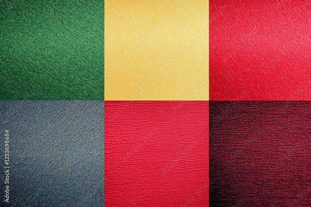 Fototapeta premium Colorful geometric pattern, six square sections, textured fabric surface, vibrant green yellow red gray burgundy colors, abstract flag design, minimalist composition, high contrast, close-up textile 