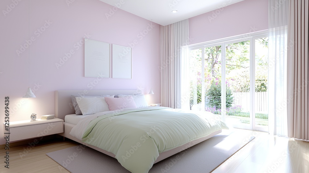 Obraz premium Serene bedroom, pastel walls, garden view, sunlight. Home decor inspiration