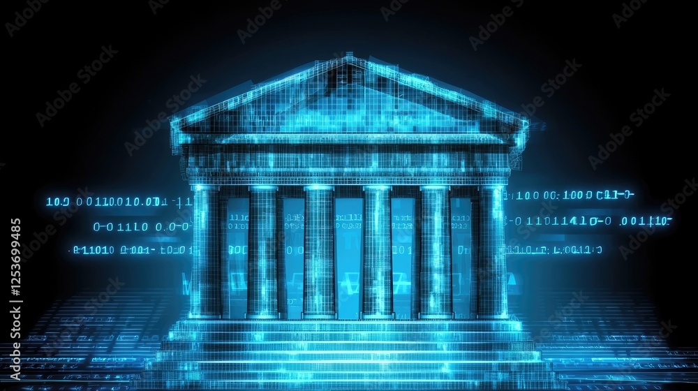Obraz premium Digital ancient building, futuristic background, possible use for financial technology concept