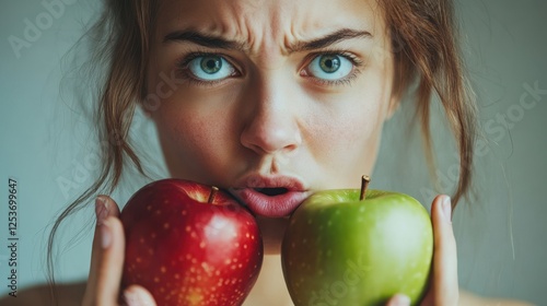 Closeup portrait confused, puzzled, unhappy, thoughtful young woman, girl, holding red, green apples, uncertain which one to chose. Human face expressions, emotion, reaction, attitude, life perceptio photo