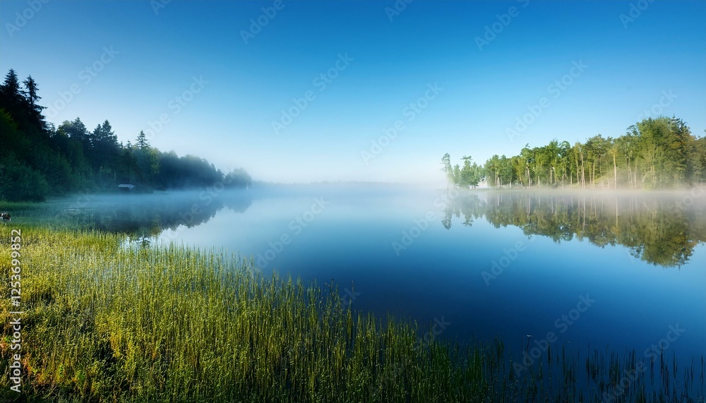 Fototapeta premium 穏やかな湖畔 朝もやが漂う湖とその反射。シンプルな背景部分がコピースペースとして働き、落ち着いたデザインに最適。