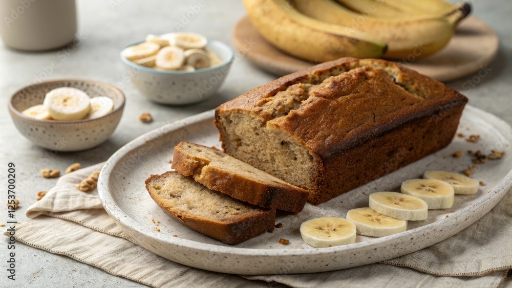Warm banana bread loaf on a ceramic plate with a few fresh banana slices arranged around it, banana, plate, fruit, warm, slice Warm banana bread loaf on a ceramic plate with a few fresh banana slices arranged around it, banana, plate, fruit, warm, slice