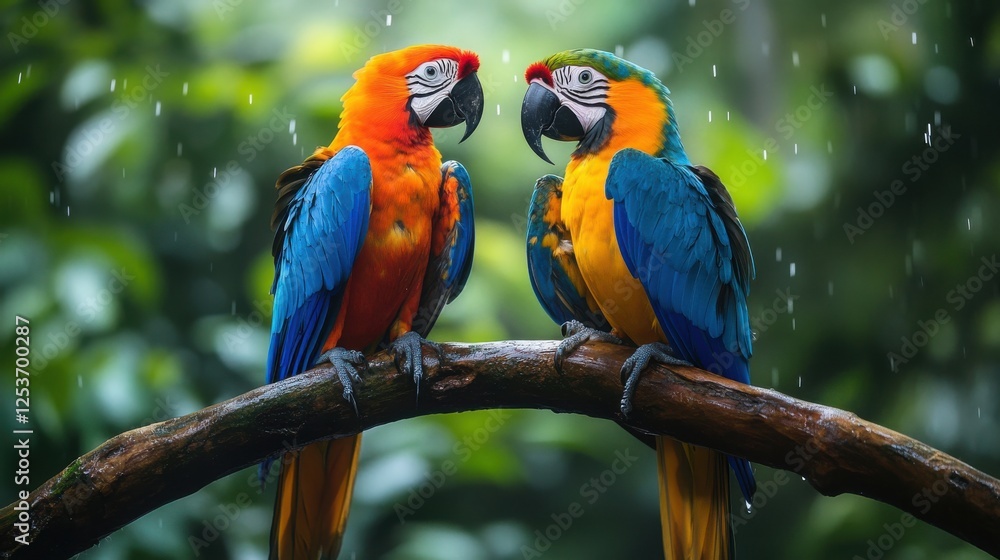Fototapeta premium Vivid Tropical Parrots Perched on a Branch in Lush Green Environment with Raindrops and a Nature-Inspired Aesthetic