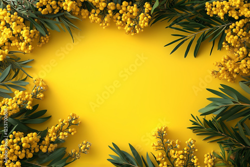 Frame with mimosa flowers on a bright yellow background