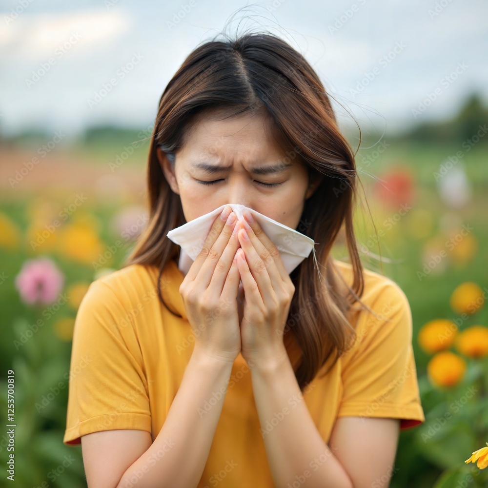 A woman sneezing into a tissue while standing in a flower field, showing discomfort from seasonal allergies. A woman sneezing into a tissue while standing in a flower field, showing discomfort from seasonal allergies.
