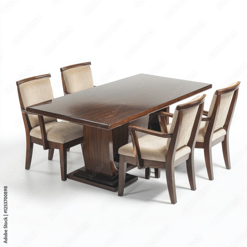 A minimalist wooden dining table with tapered legs and a light pine finish, paired with four simple wooden chairs featuring slatted backs, isolated on a clean white background A minimalist wooden dining table with tapered legs and a light pine finish, paired with four simple wooden chairs featuring slatted backs, isolated on a clean white background