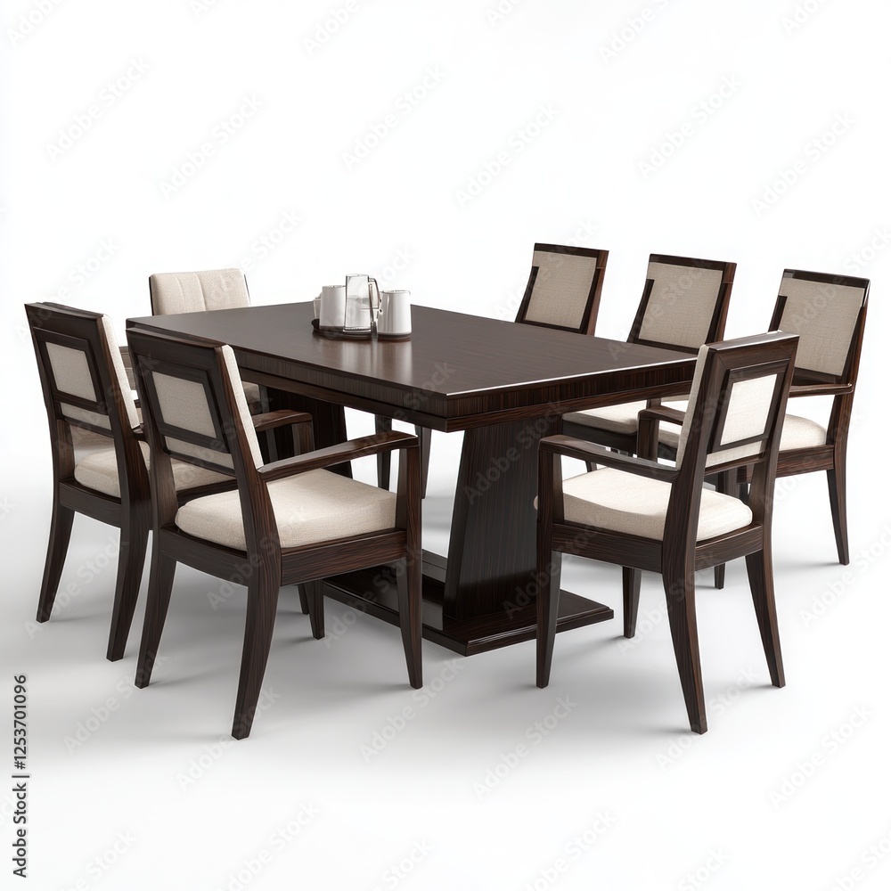 A minimalist wooden dining table with tapered legs and a light pine finish, paired with four simple wooden chairs featuring slatted backs, isolated on a clean white background A minimalist wooden dining table with tapered legs and a light pine finish, paired with four simple wooden chairs featuring slatted backs, isolated on a clean white background
