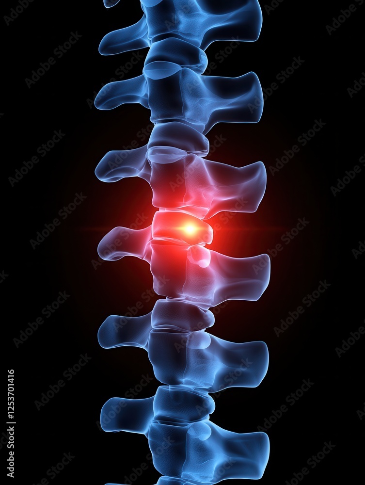 Naklejka premium Detailed anatomical illustration of a human spine with focus on a highlighted intervertebral disc.