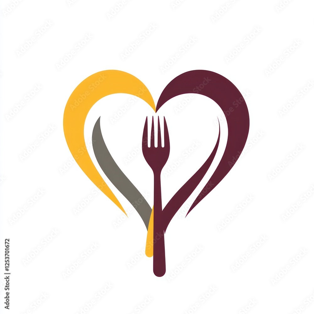 Heart-shaped logo with fork, restaurant, food, love