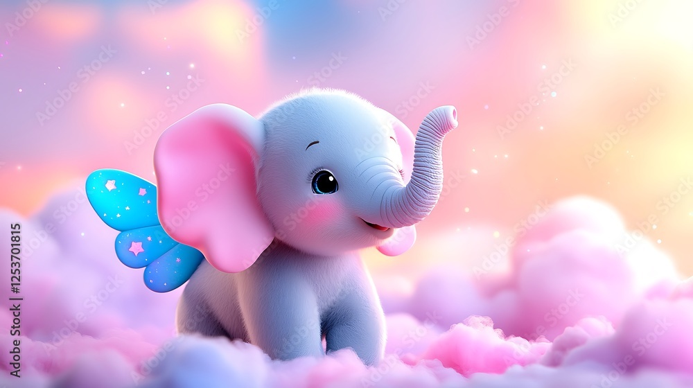 Cute Little Elephant With Wings On Pink Clouds Cute Little Elephant With Wings On Pink Clouds