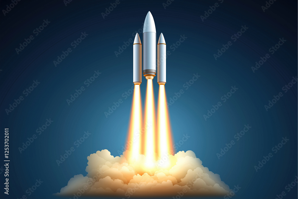 Rocket launching into space with flames and clouds during nighttime Rocket launching into space with flames and clouds during nighttime