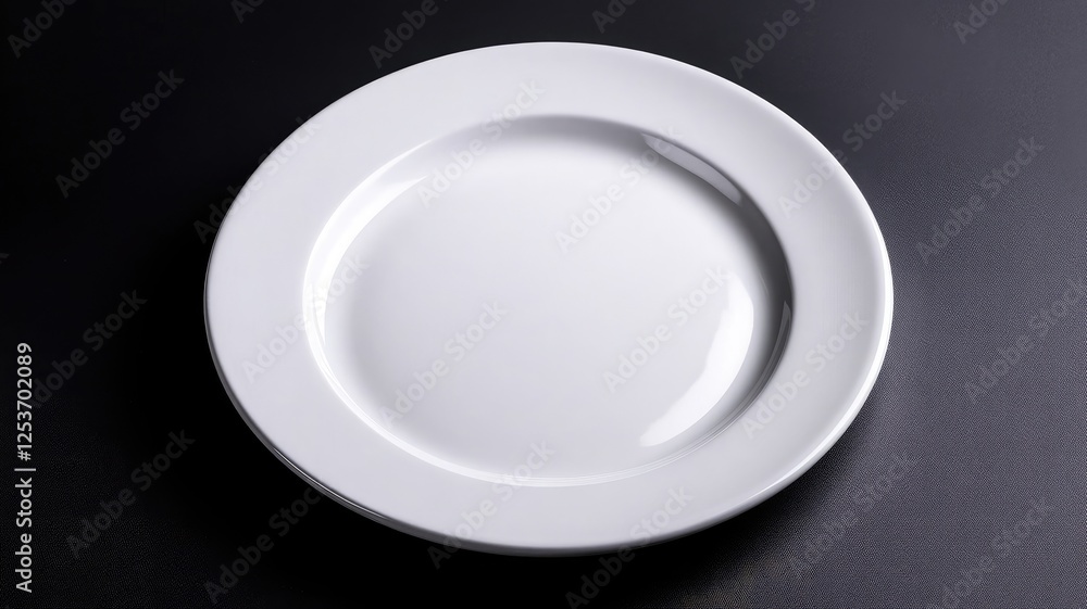 Plain white plate on dark surface, minimalist design Plain white plate on dark surface, minimalist design