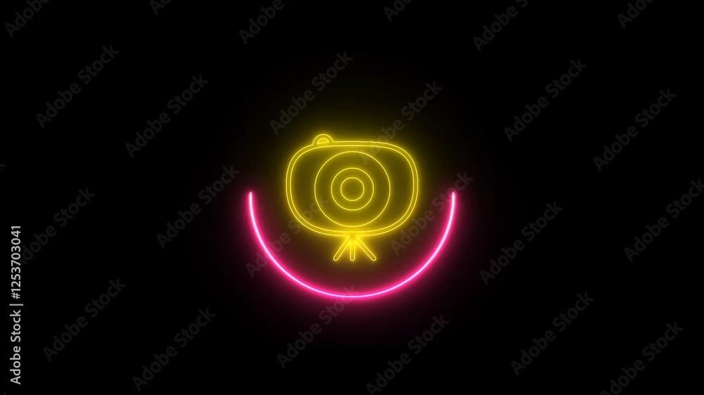 Glowing camera icon animation, on neon circle video footage Glowing camera icon animation, on neon circle video footage