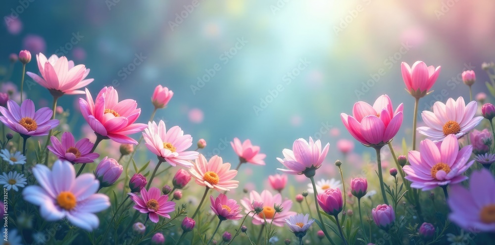 Fototapeta premium Whimsical flowers bloom in a dreamy garden amidst soft pink purple blue and white hues, dreamy, floral