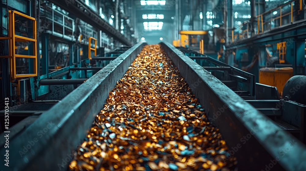 Conveyor Belt Transporting Shiny Metallic Scraps in Industrial Setting Conveyor Belt Transporting Shiny Metallic Scraps in Industrial Setting