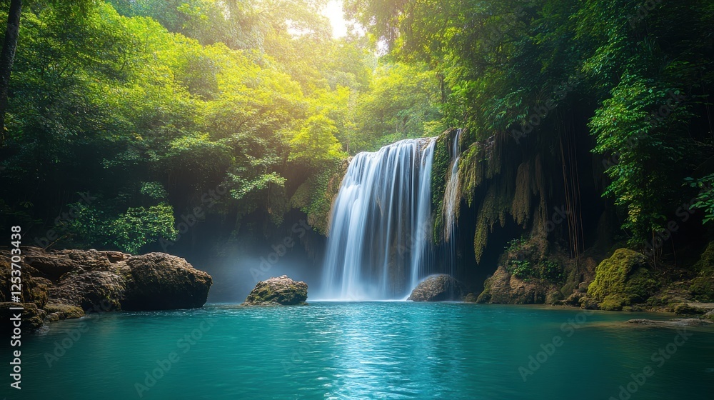 Fototapeta premium Serene Waterfall Cascading into Crystal Clear Pool Surrounded by Lush Greenery and Vibrant Nature in a Tranquil Setting