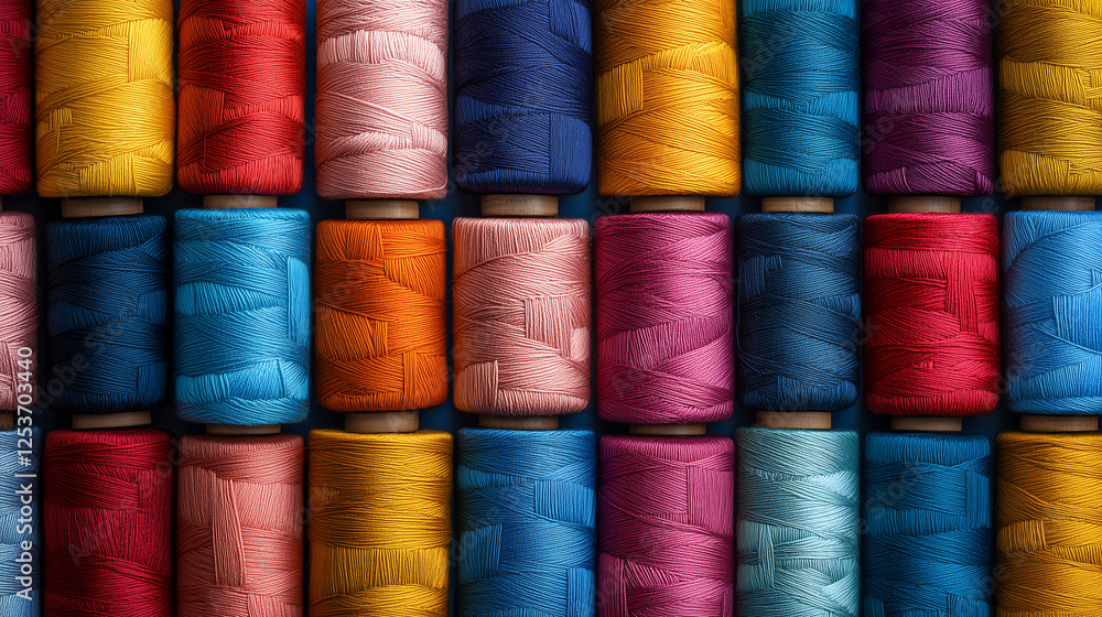 Colorful Sewing Thread Spools Neatly Arranged in a Patterned Textile Display Colorful Sewing Thread Spools Neatly Arranged in a Patterned Textile Display