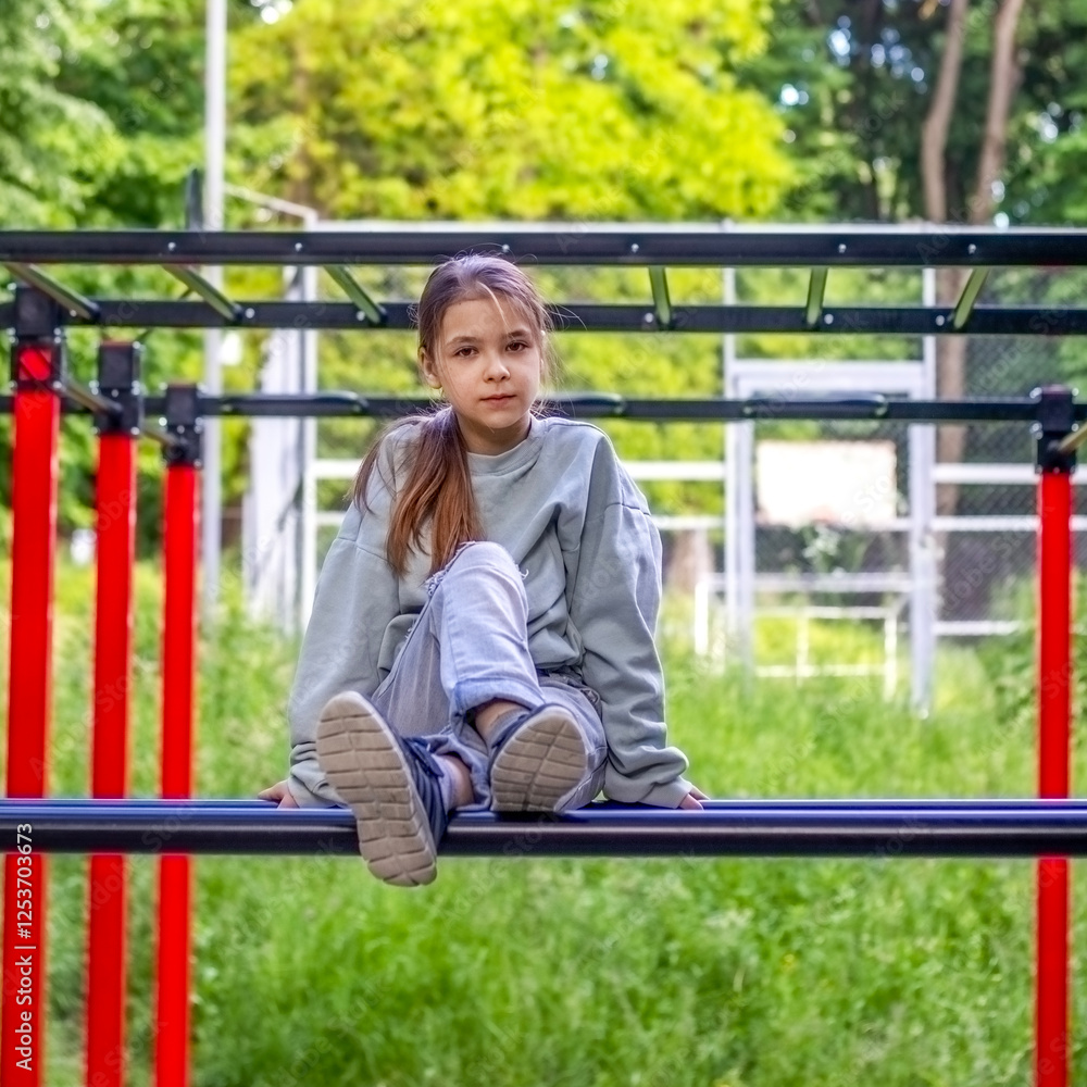 Girl enjoying outdoor workout on monkey bars in a scenic park Girl enjoying outdoor workout on monkey bars in a scenic park