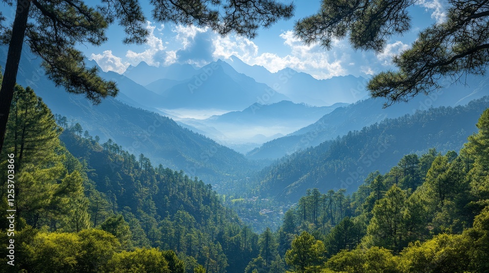 Fototapeta premium Majestic Mountain Valley: A Serene Vista of Lush Green Forests, Misty Peaks, and Clear Blue Skies, Framed by Evergreen Branches in a Natural Beauty Landscape.