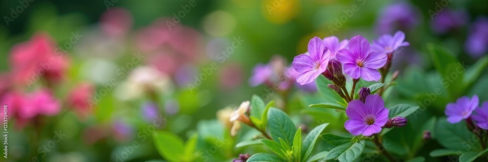 Small purple Angelonia flowers in a garden with other plants, gardenia, flowers, plant mix Small purple Angelonia flowers in a garden with other plants, gardenia, flowers, plant mix