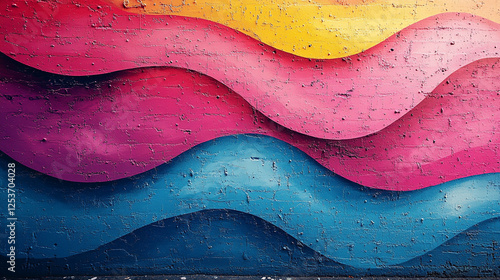 Vibrant mural features colorful waves on urban wall