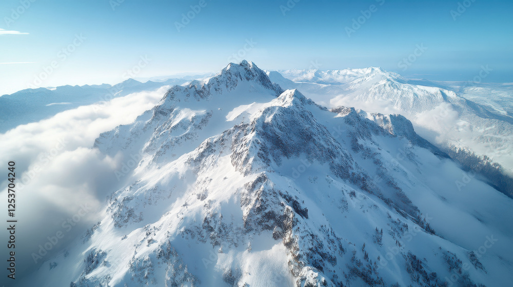 Majestic Aerial View of Snow-Capped Mountains Under Clear Blue Sky with Soft Clouds and a Sense of Tranquility and Natural Beauty Majestic Aerial View of Snow-Capped Mountains Under Clear Blue Sky with Soft Clouds and a Sense of Tranquility and Natural Beauty