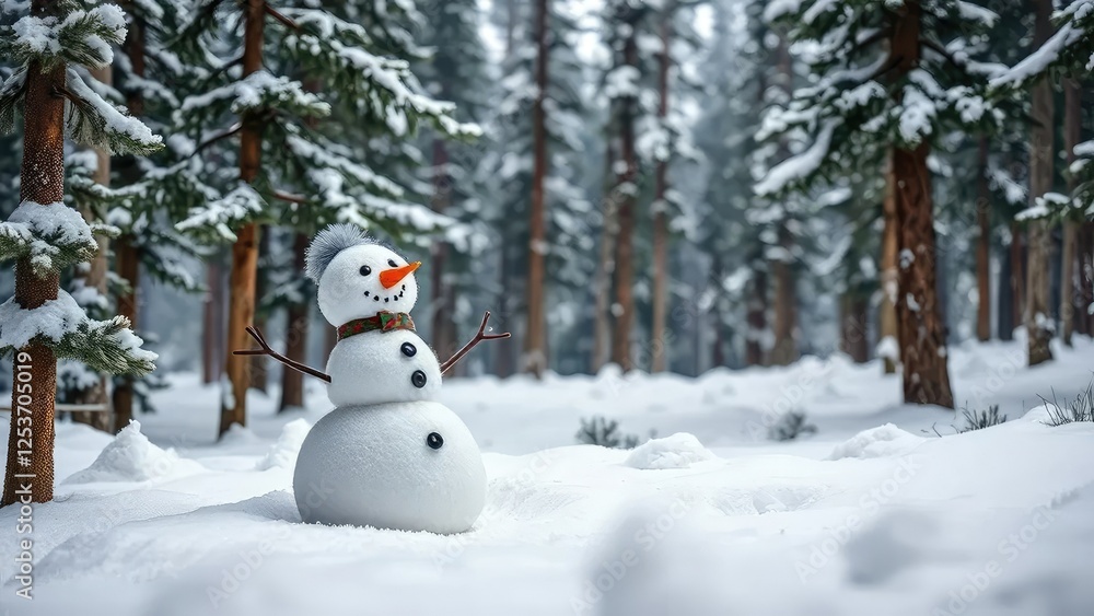 Fototapeta premium Wool felt snowman in a snowy forest with pine trees, snowman, forest