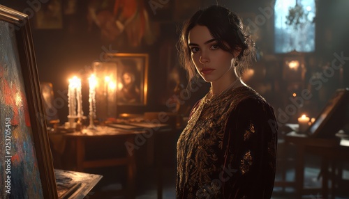 Woman artist in a dimly lit studio with painting