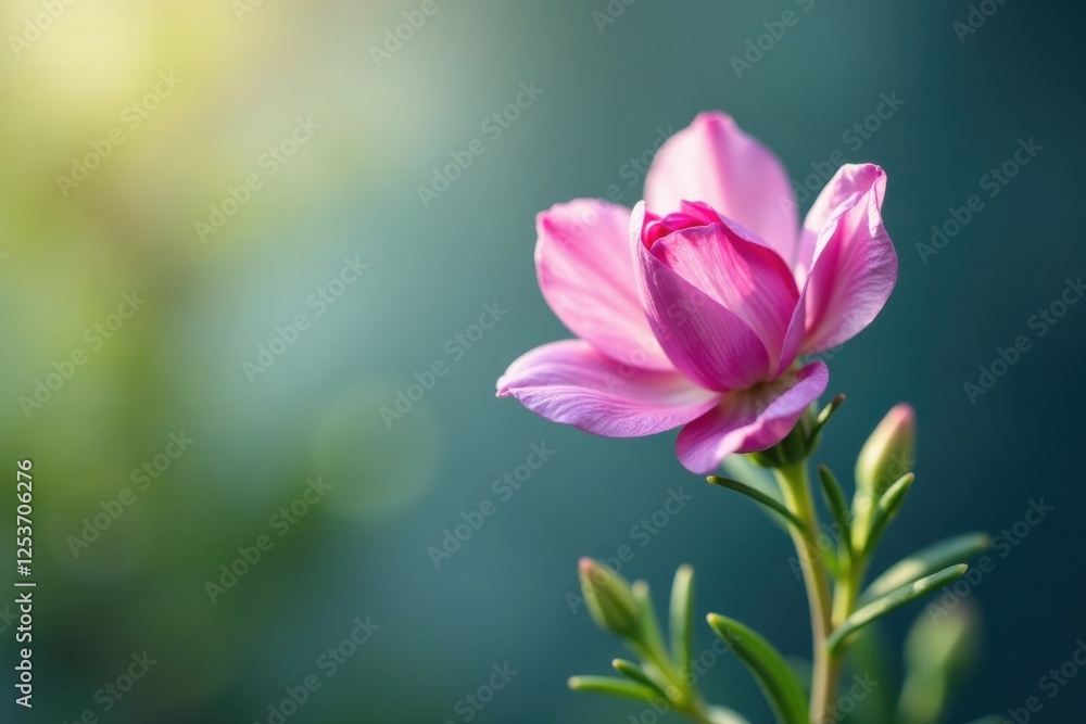 A Delicate Pink Blossom Basking in Soft Sunlight, Gracefully Emerging from Lush Green Foliage, a Botanical Masterpiece A Delicate Pink Blossom Basking in Soft Sunlight, Gracefully Emerging from Lush Green Foliage, a Botanical Masterpiece