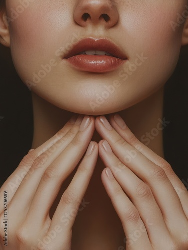 Cropped shot of young caucasian woman touching under the chin with hands massaging her face on dark brown background. Rejuvenation, facelift, facefitness. Exercises from the second chin, pelican neck photo