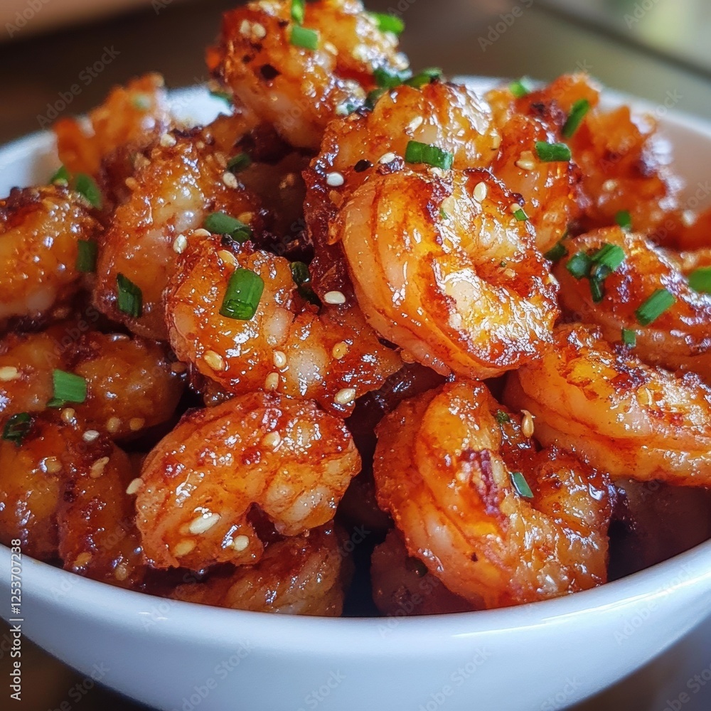 Spicy glazed shrimp garnished with sesame seeds and chives in a white bowl Spicy glazed shrimp garnished with sesame seeds and chives in a white bowl