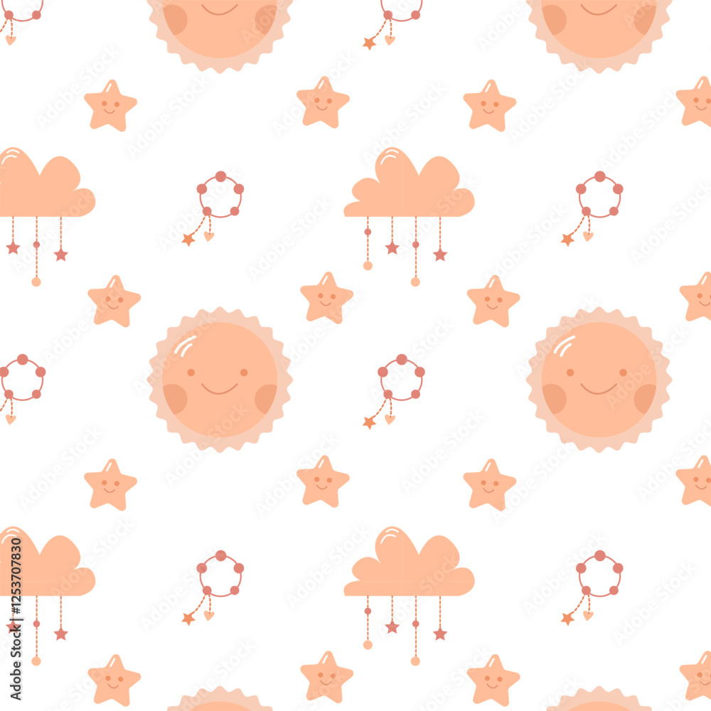 Cute pattern with sun, clouds and funny stars for children Cute pattern with sun, clouds and funny stars for children